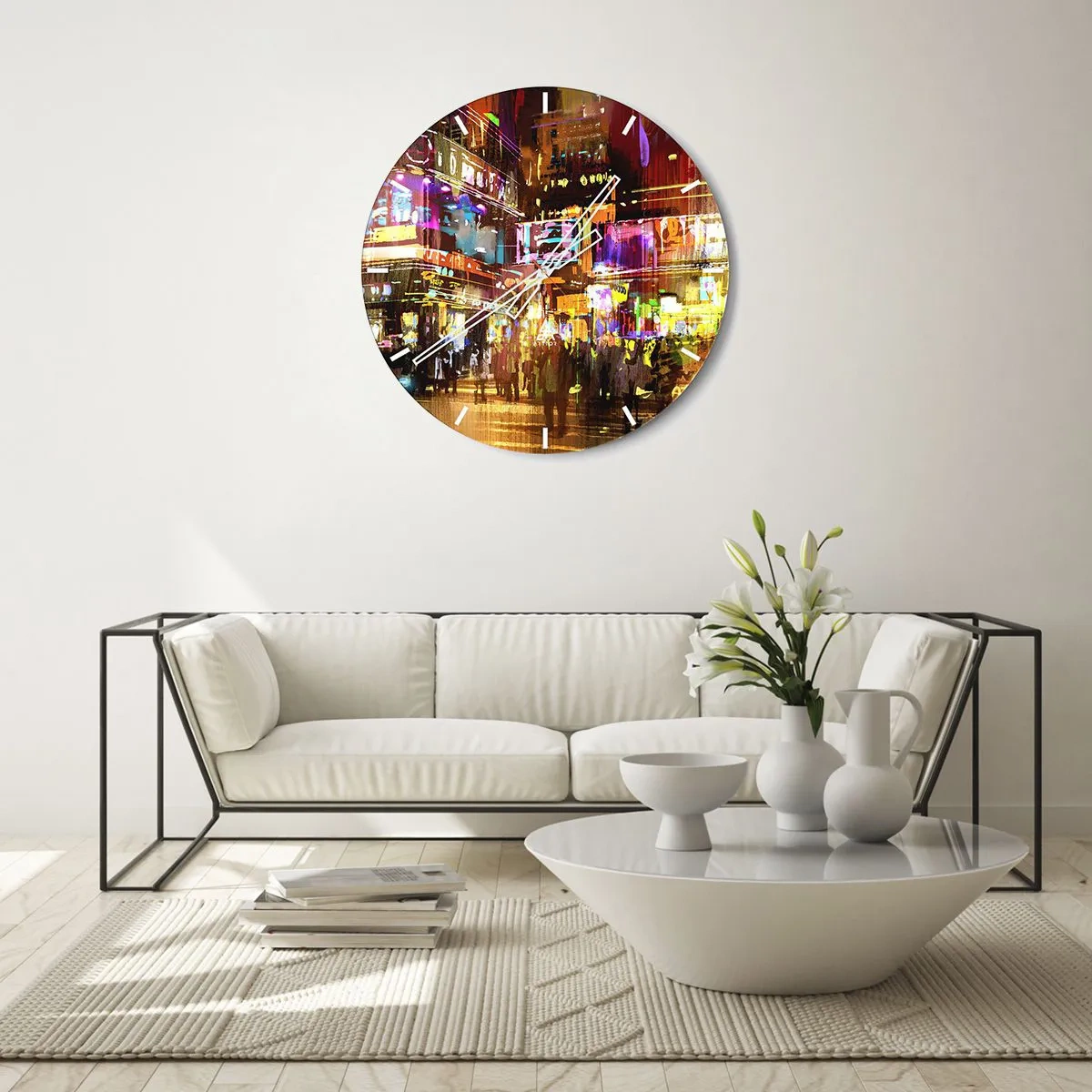 Orologio da parete - Orologio in Vetro - Paesaggio urbano notturno pieno di luci al neon - 30x30cm - Nel mare di luce - Decorazione murale moderna per soggiorno, cucina e camera da letto ARTTOR