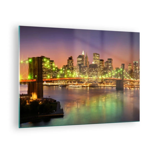 Quadro su vetro - Ponte illuminato sul fiume con vista panoramica della città al tramonto - 70x50cm - Qui la luce non si spegne mai - Decorazione murale moderna per soggiorno e camera da letto ARTTOR