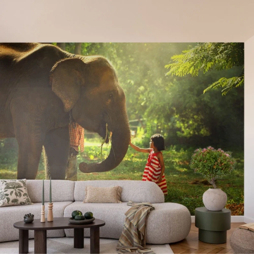 Fotomurali Premium Sand - Una ragazza con un vestito rosso che tocca la proboscide di un elefante - 100x70cm - La forza dell'amicizia - Decorazione murale moderna per soggiorno e camera da letto ARTTOR