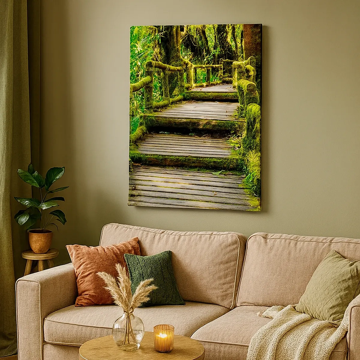 Quadro su tela - Stampe su Tela - Un ponte di legno ricoperto di muschio in una foresta pluviale tropicale - 50x70cm - Un corridoio nel verde - Decorazione murale moderna per soggiorno e camera da letto ARTTOR