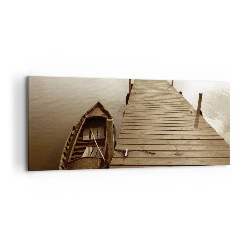 Quadro su tela - Stampe su Tela - Molo di legno e barca su un lago calmo - 120x50cm - La grande pace - Decorazione murale moderna per soggiorno e camera da letto ARTTOR