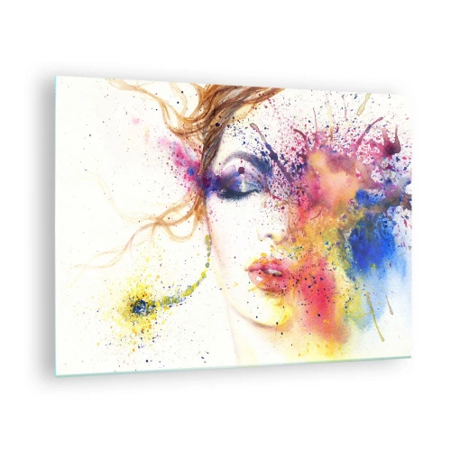 Quadro su vetro - Ritratto astratto di una donna con schizzi di vernice arcobaleno - 70x50cm - Capogiro arcobaleno - Decorazione murale moderna per soggiorno e camera da letto ARTTOR