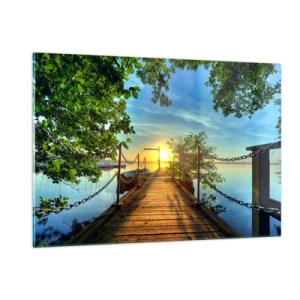 Quadro su vetro - Un molo con vista sul tramonto sul lago - 120x80cm - Tramonto sul lago - Decorazione murale moderna per soggiorno e camera da letto ARTTOR