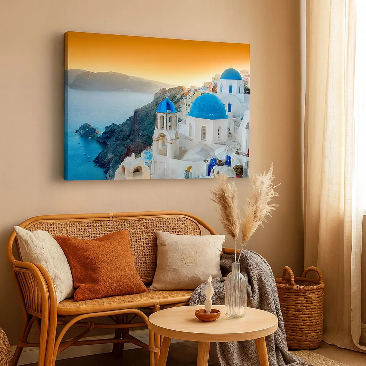 Quadro su tela - Stampe su Tela - Vista di Santorini con edifici bianchi e mare blu - 70x50cm - Santorini: aggrappate alle rocce - Decorazione murale moderna per soggiorno e camera da letto ARTTOR