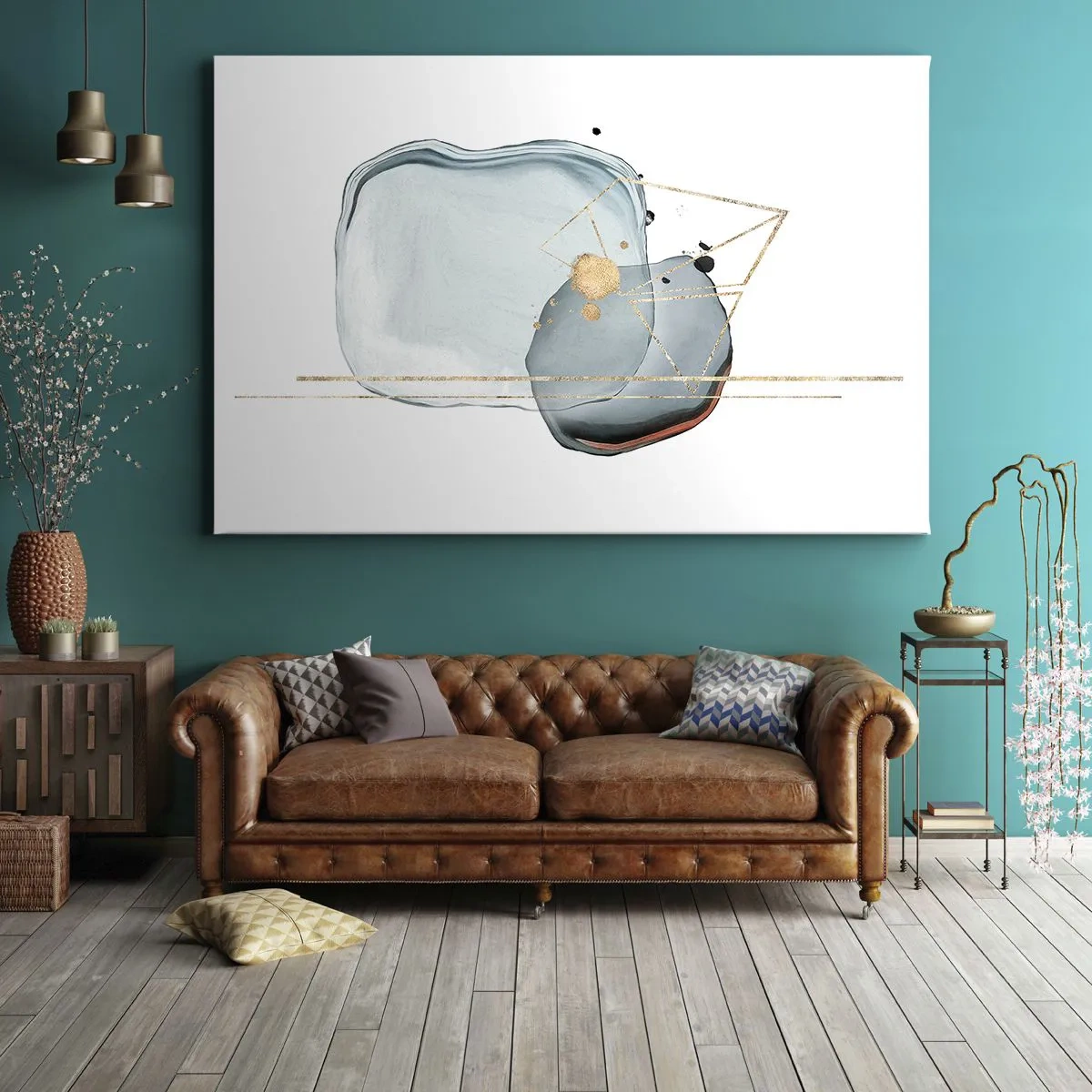 Quadro su tela - Stampe su Tela - Forme astratte nei toni del blu e dell'oro su sfondo bianco - 70x50cm - Studio di goccia - Decorazione murale moderna per soggiorno e camera da letto ARTTOR
