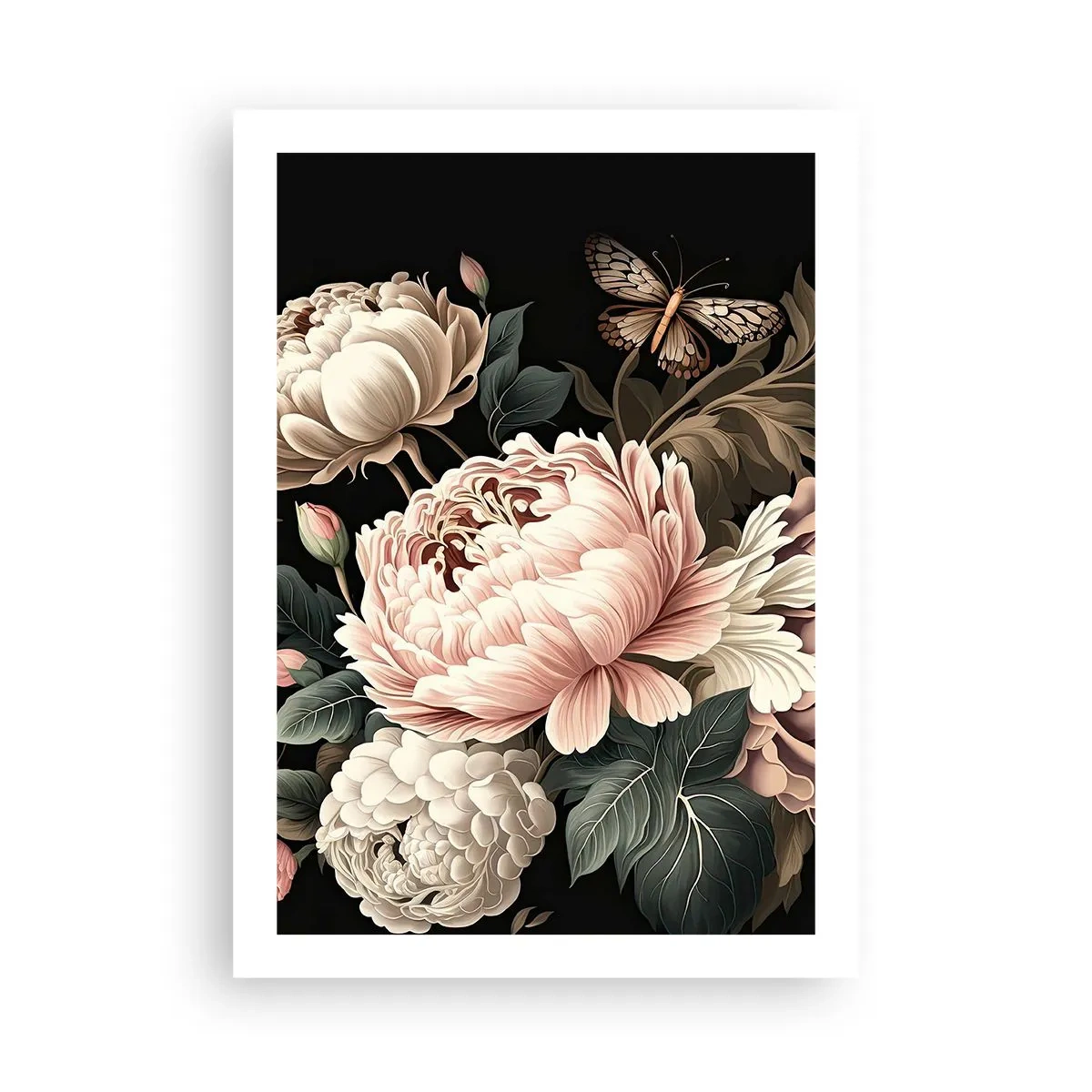 Poster - Eleganti peonie e una farfalla su sfondo nero - 50x70cm - In stile barocco - Decorazione murale moderna per soggiorno e camera da letto ARTTOR