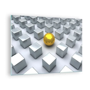 Quadro su vetro - Una sfera dorata circondata da cubi d'argento - 70x50cm - Perché io? Composizione geometrica - Decorazione murale moderna per soggiorno e camera da letto ARTTOR