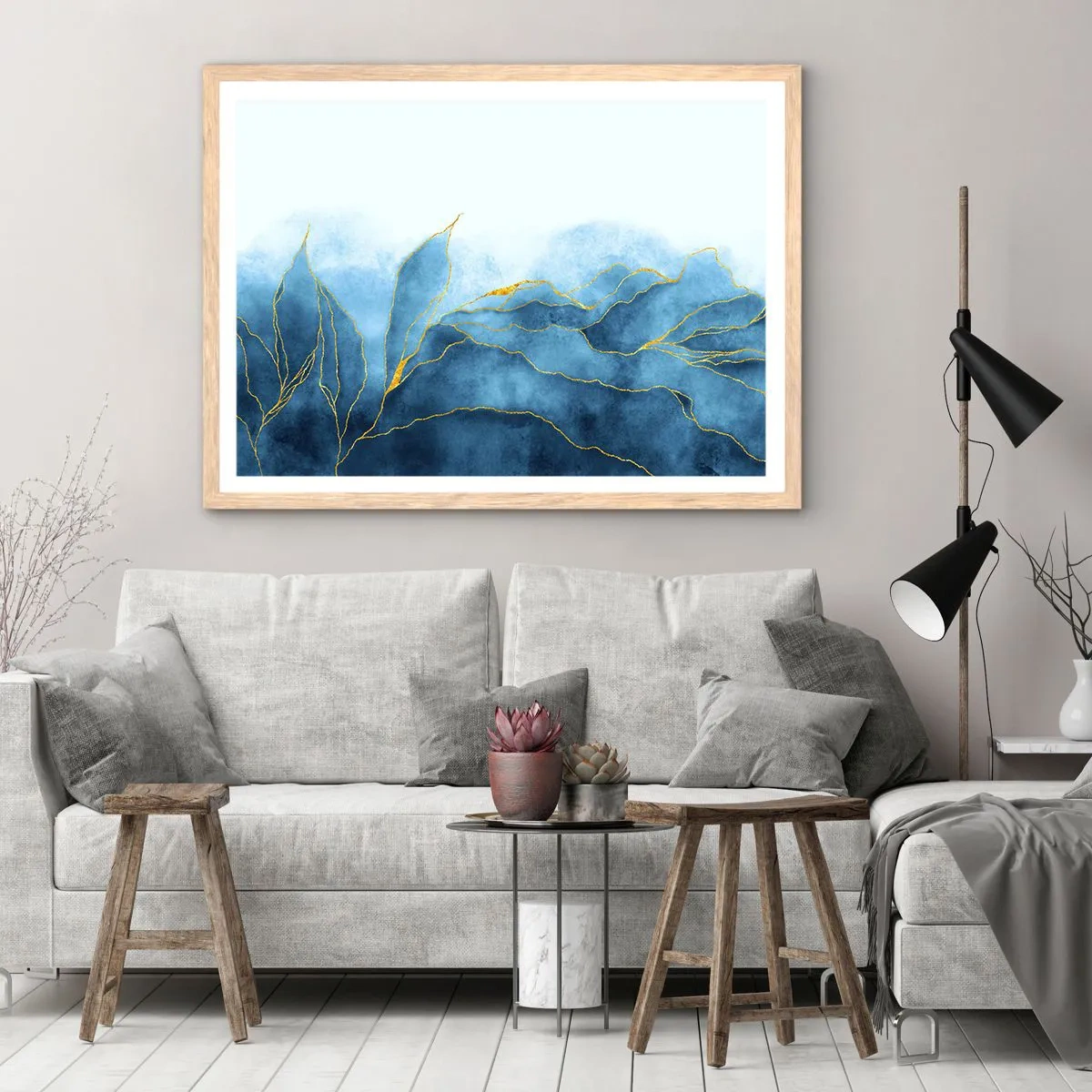 Poster in cornice rovere chiaro - Blu nell'oro - 50x40 cm