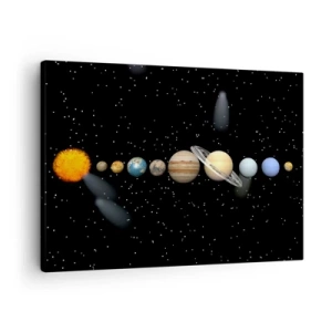 Quadro su tela - Stampe su Tela - Il sistema solare con i pianeti sullo sfondo delle stelle nello spazio - 70x50cm - E i pianeti folleggiano... - Decorazione murale moderna per soggiorno e camera da letto ARTTOR