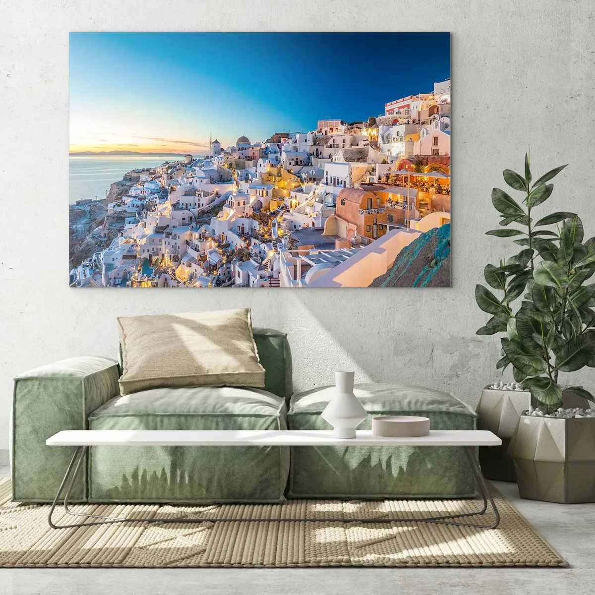 Quadro su vetro - Panorama di Santorini al tramonto - 100x70cm - Essenza della grecità - Decorazione murale moderna per soggiorno e camera da letto ARTTOR
