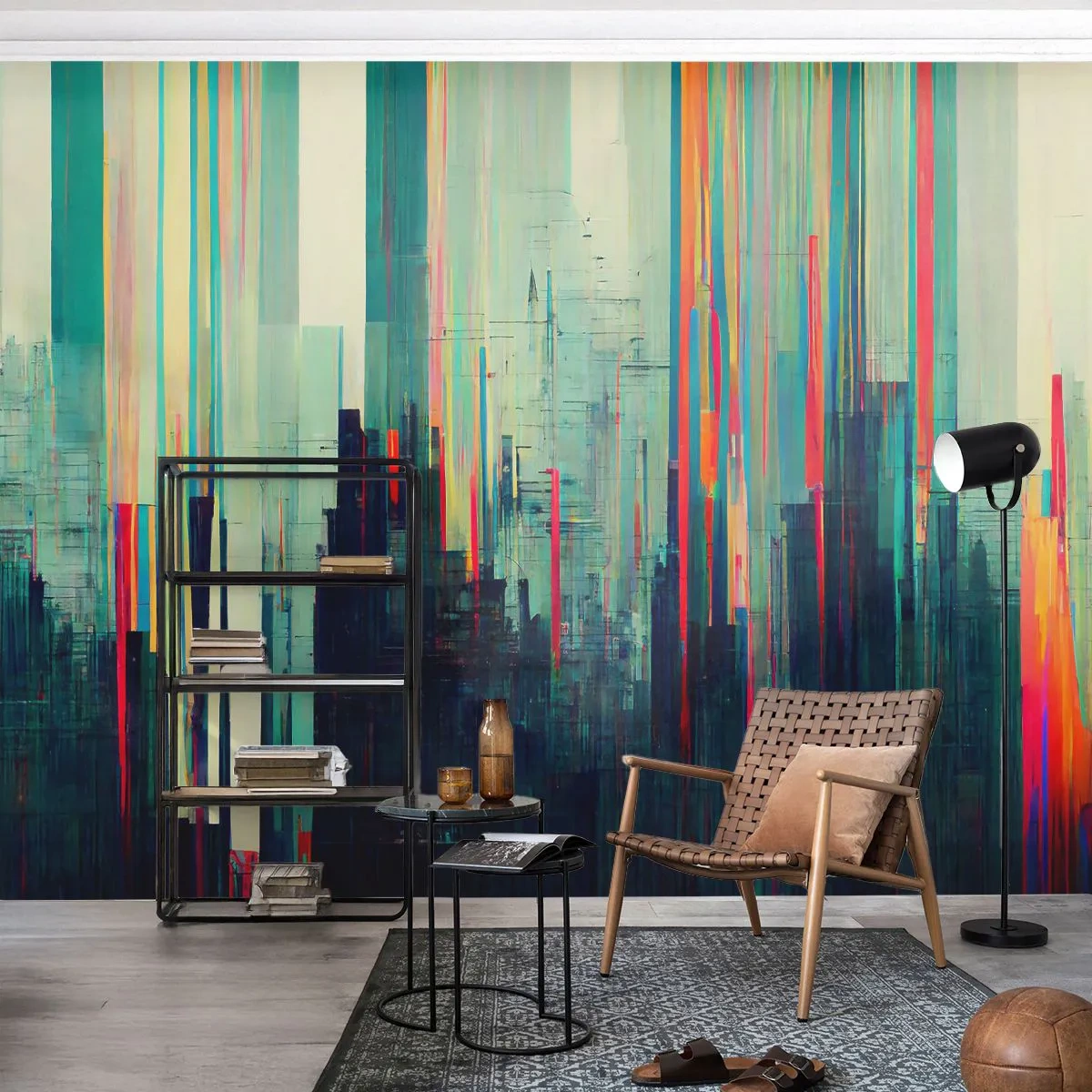Fotomurali Premium Sand - Una visione colorata della città in forma astratta - 100x70cm - Città futuristica - Decorazione murale moderna per soggiorno e camera da letto ARTTOR