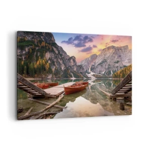 Quadro su tela - Stampe su Tela - Lago di montagna con barche al tramonto - 100x70cm - La promessa del giorno - Decorazione murale moderna per soggiorno e camera da letto ARTTOR