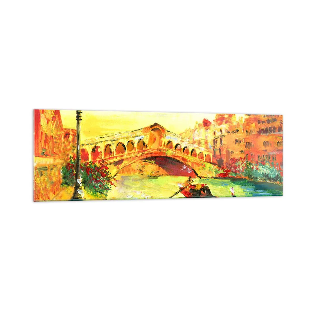 Quadro su vetro - Un pittoresco ponte sul canale con una gondola alla luce del sole al tramonto - 160x50cm - Il pellegrinaggio degli innamorati - Decorazione murale moderna per soggiorno e camera da letto ARTTOR