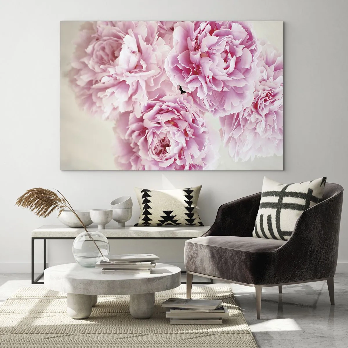 Quadro su vetro - Un bouquet di peonie rosa intenso su uno sfondo chiaro - 100x70cm - Nel fasto rosa - Decorazione murale moderna per soggiorno e camera da letto ARTTOR