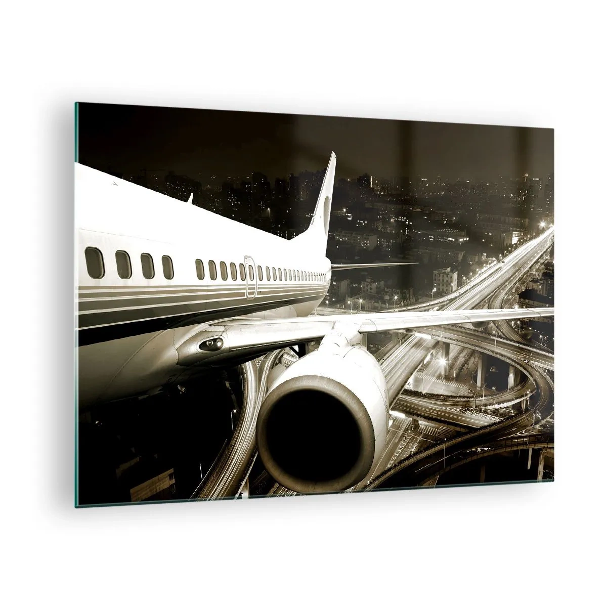 Quadro su vetro - Un aereo sopra la città di notte con un'atmosfera industriale - 70x50cm - Volare di notte - Decorazione murale moderna per soggiorno e camera da letto ARTTOR
