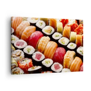 Quadro su tela - Stampe su Tela - Sushi colorati disposti in file con vari condimenti - 70x50cm - Colori e sapori dell'Asia - Decorazione murale moderna per soggiorno e camera da letto ARTTOR