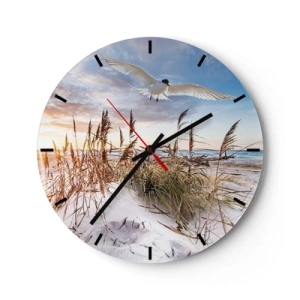 Orologio da parete - Orologio in Vetro - Spiaggia al tramonto con un uccello che vola sopra le dune - 30x30cm - Vento dal mare - Decorazione murale moderna per soggiorno, cucina e camera da letto ARTTOR
