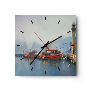 Orologio da parete - Orologio in Vetro - Un porto con barche rosse circondato da un paesaggio nebbioso - 30x30cm - Alla fine del mondo - Decorazione murale moderna per soggiorno e camera da letto ARTTOR