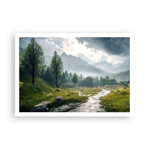 Poster - Un paesaggio montano con un fiume e alberi circondati da montagne nebbiose - 100x70cm - Andata e ritorno - Decorazione murale moderna per soggiorno e camera da letto ARTTOR