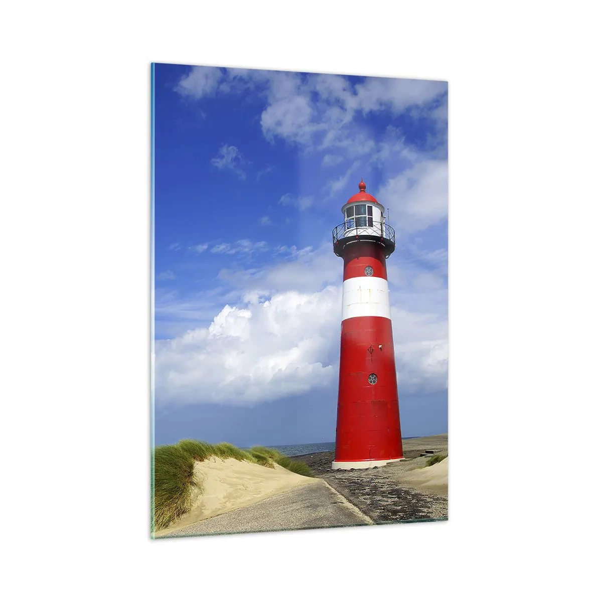 Quadro su vetro - Un faro rosso contro un cielo blu - 50x70cm - L'eremo dei sogni - Decorazione murale moderna per soggiorno e camera da letto ARTTOR