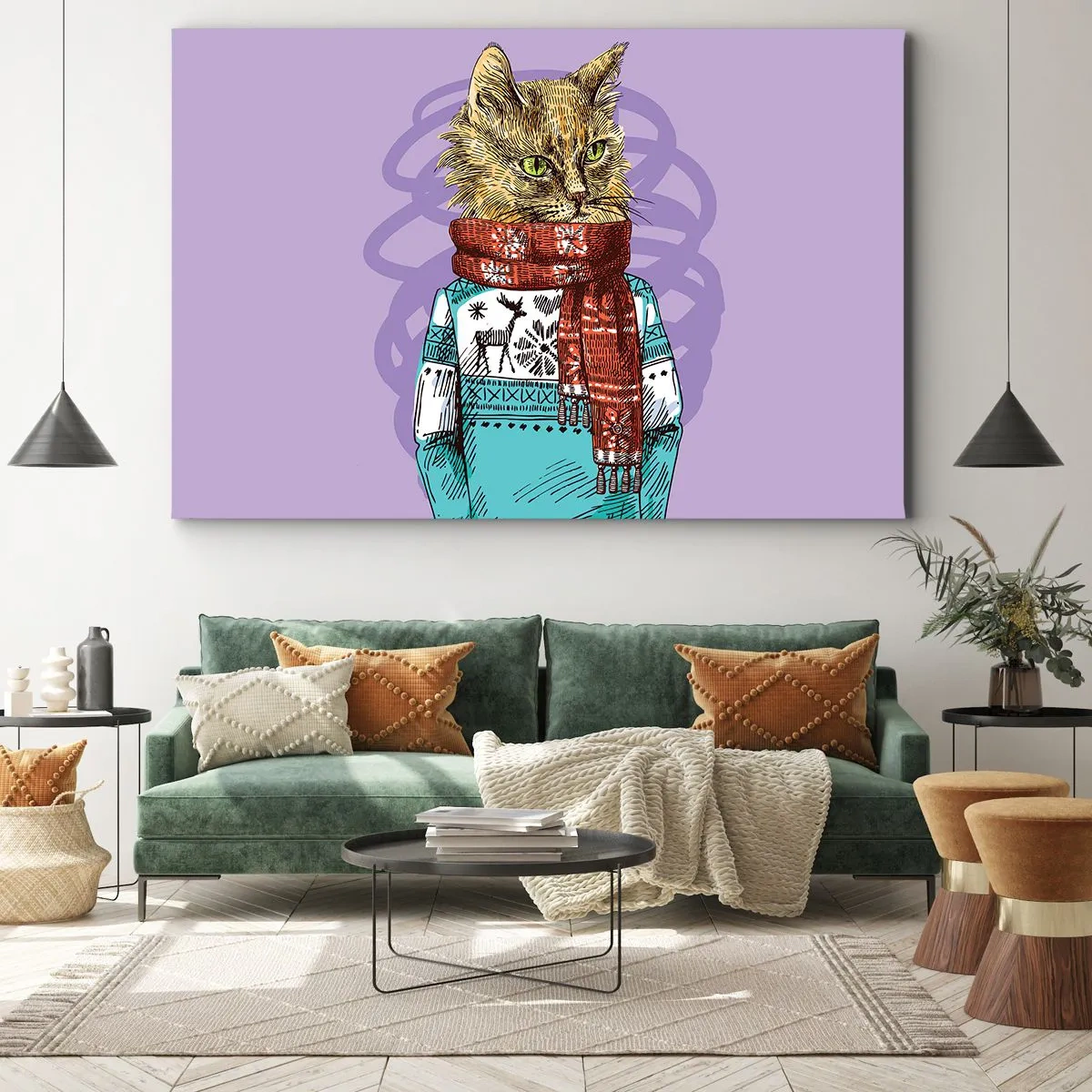 Quadro su tela - Stampe su Tela - Un gatto con un maglione e una sciarpa su uno sfondo viola - 120x80cm - Un gatto non solo con gli stivali - Decorazione murale moderna per soggiorno e camera da letto ARTTOR