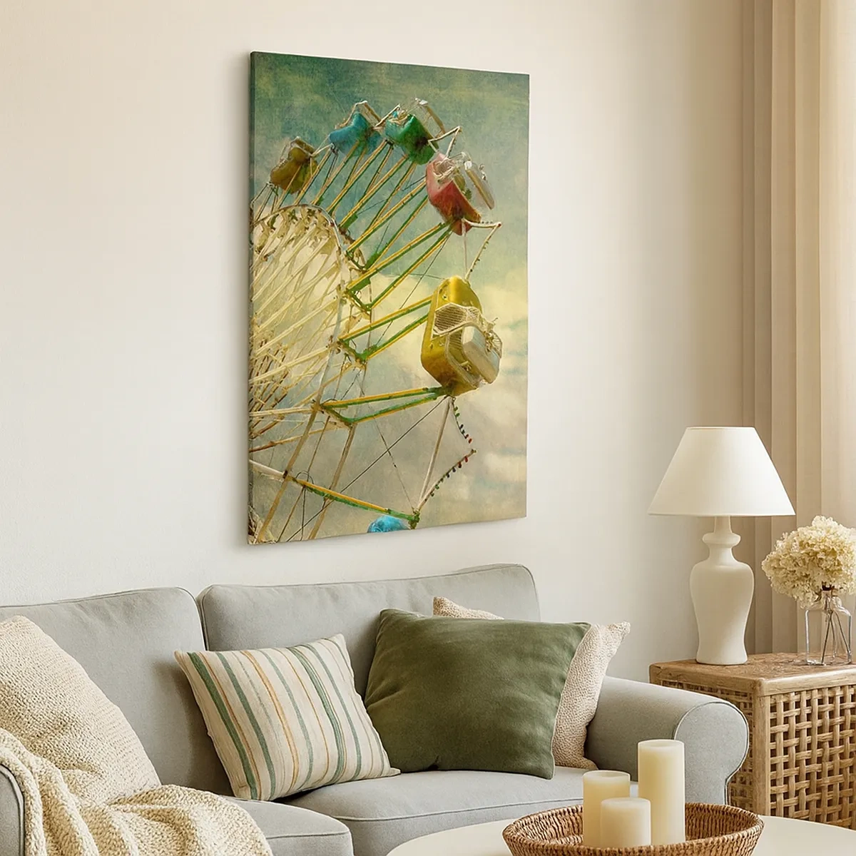 Quadro su tela - Stampe su Tela - Foto retrò di una ruota panoramica con palme contro il cielo - 50x70cm - Il divertimento comincia... - Decorazione murale moderna per soggiorno e camera da letto ARTTOR