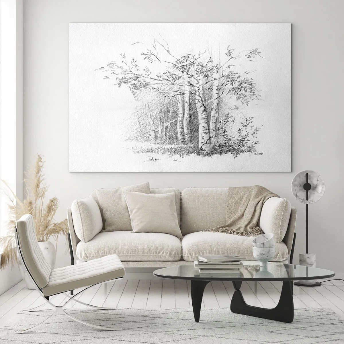 Quadro su vetro - Schizzo di una foresta di betulle in toni monocromatici - 100x70cm - La luce della foresta di betulle - Decorazione murale moderna per soggiorno e camera da letto ARTTOR