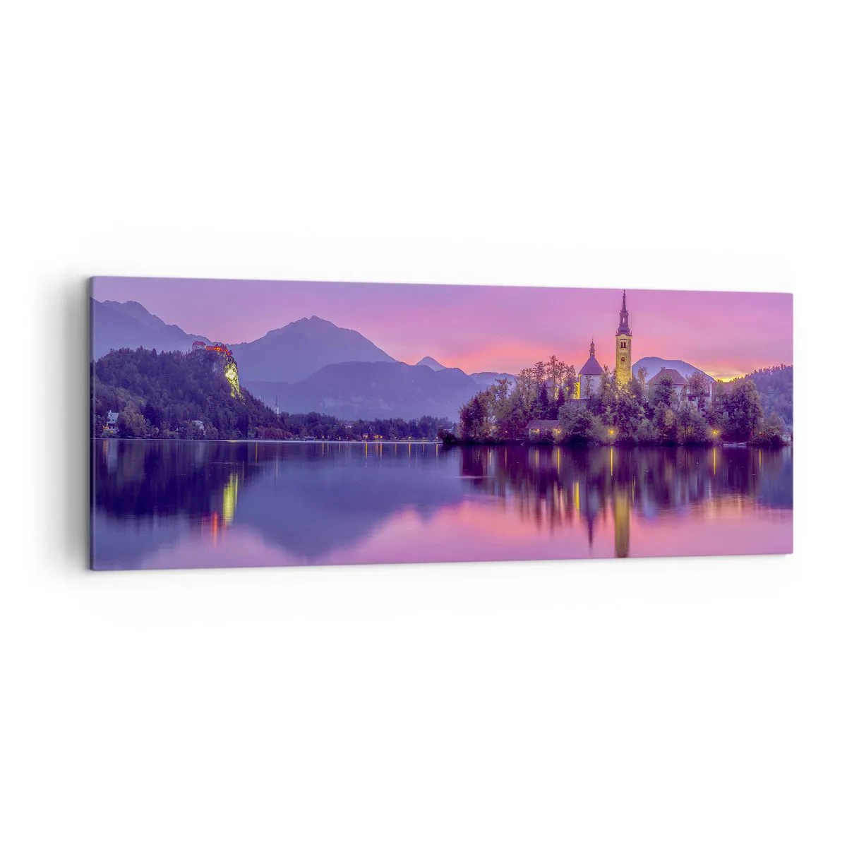 Quadro su tela - Stampe su Tela - Lago con un'isola e una chiesa al tramonto - 140x50cm - Isola favolosa al crepuscolo - Decorazione murale moderna per soggiorno e camera da letto ARTTOR
