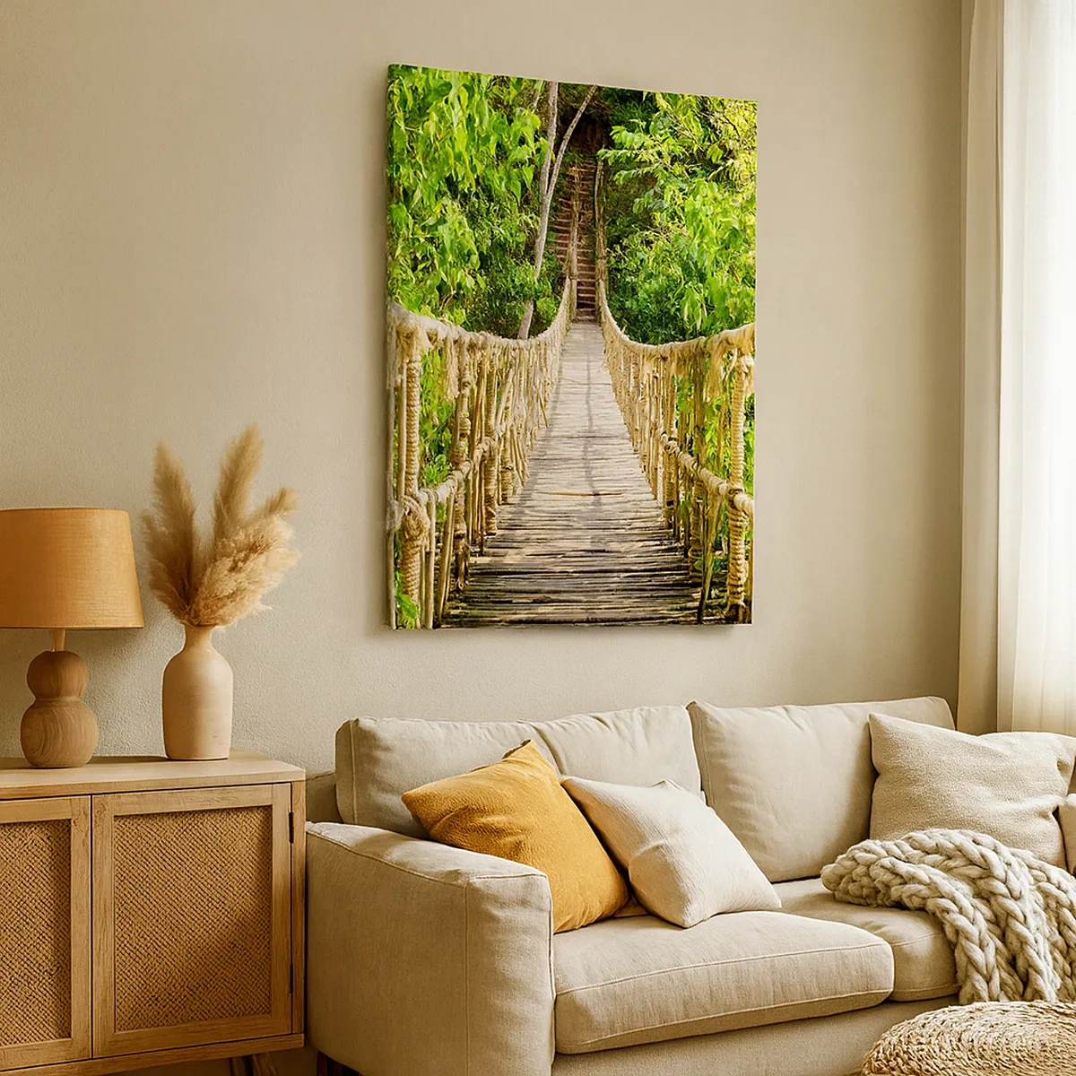 Quadro su tela - Stampe su Tela - Un ponte sospeso in una foresta tropicale ricca di vegetazione - 50x70cm - Sospeso nel verde - Decorazione murale moderna per soggiorno e camera da letto ARTTOR