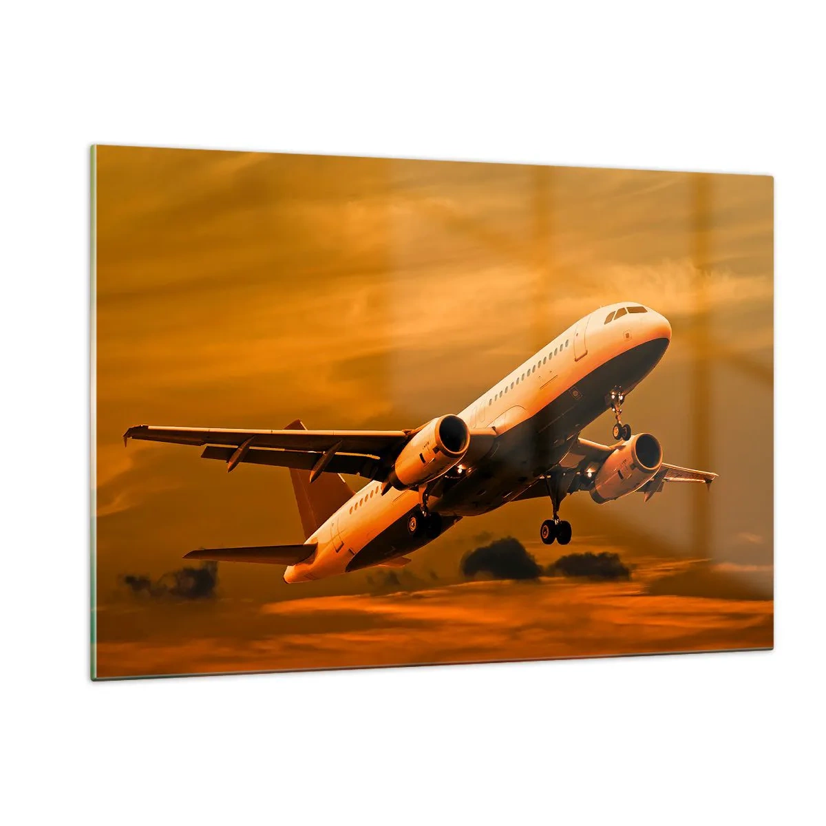 Quadro su vetro - Un aereo che decolla contro un cielo arancione - 120x80cm - In volo verso il sole - Decorazione murale moderna per soggiorno e camera da letto ARTTOR