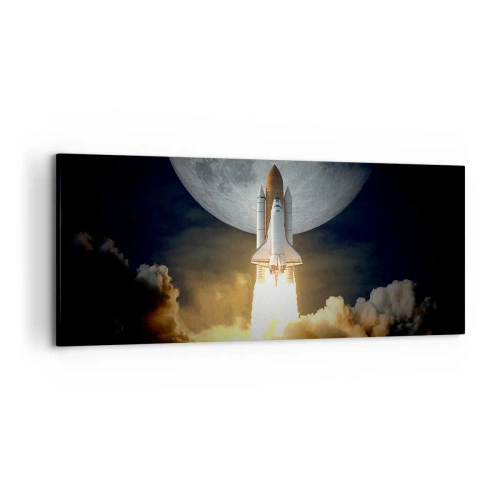 Quadro su tela - Stampe su Tela - Un razzo che decolla sullo sfondo della luna piena circondata da nuvole dinamiche. - 120x50cm - L'inizio di un'avventura spaziale - Decorazione murale moderna per soggiorno e camera da letto ARTTOR