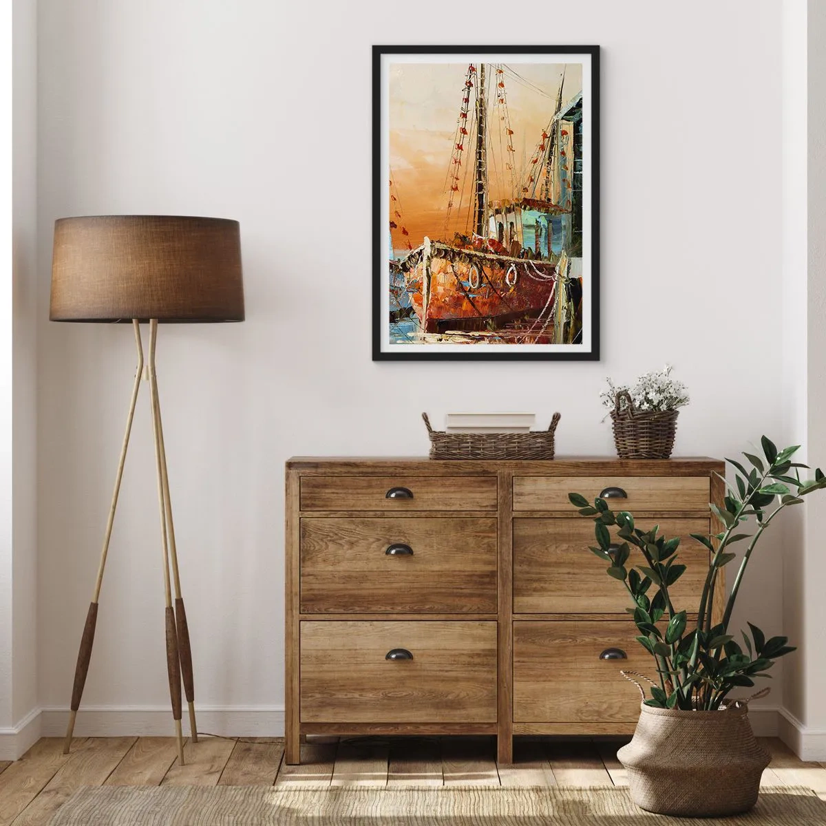 Poster in cornice nera - Una nave a vela sullo sfondo del sole al tramonto - 50x70cm - Ritorno tranquillo - Decorazione murale moderna per soggiorno e camera da letto ARTTOR