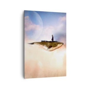 Quadro su tela - Stampe su Tela - Una scena fantastica di una donna su una balena tra le nuvole - 70x100cm - Viaggio surreale - Decorazione murale moderna per soggiorno e camera da letto ARTTOR