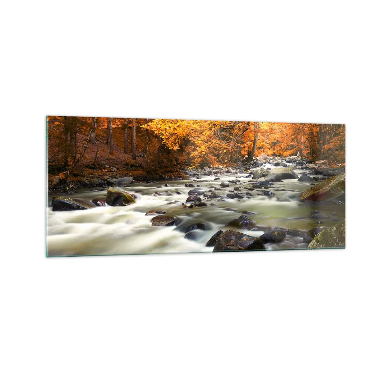 Quadro su vetro - Ruscello nel bosco dorato - 100x40 cm