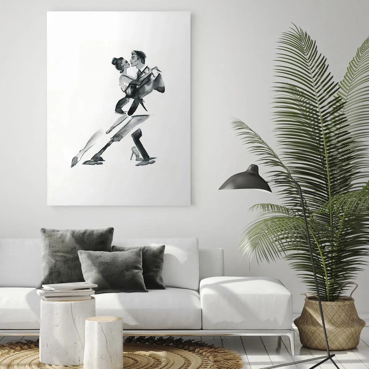 Quadro su vetro - Una delicata illustrazione di una coppia che balla in stile monocromatico. - 80x120cm - In un unico ritmo - Decorazione murale moderna per soggiorno e camera da letto ARTTOR