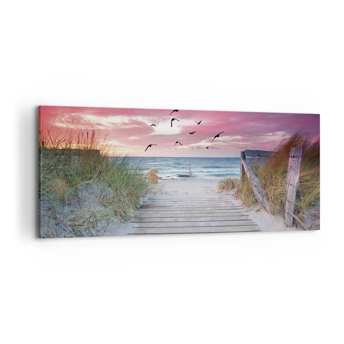 Quadro su tela - Stampe su Tela - Sentiero in legno sulla spiaggia al tramonto rosa - 120x50cm - Impressioni baltiche - Decorazione murale moderna per soggiorno e camera da letto ARTTOR