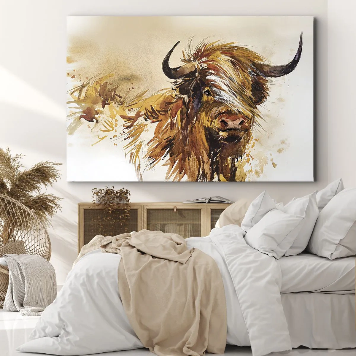 Quadro su tela - Stampe su Tela - Ritratto di un toro in stile acquerello artistico - 70x50cm - L'orgoglio del cacciatore - Decorazione murale moderna per soggiorno e camera da letto ARTTOR