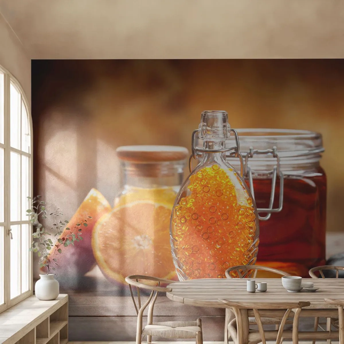 Fotomurali Premium Canvas - Il gusto e l'aroma del sole - Gastronomia, Arancia, Vaso Con Miele - 350x256 cm