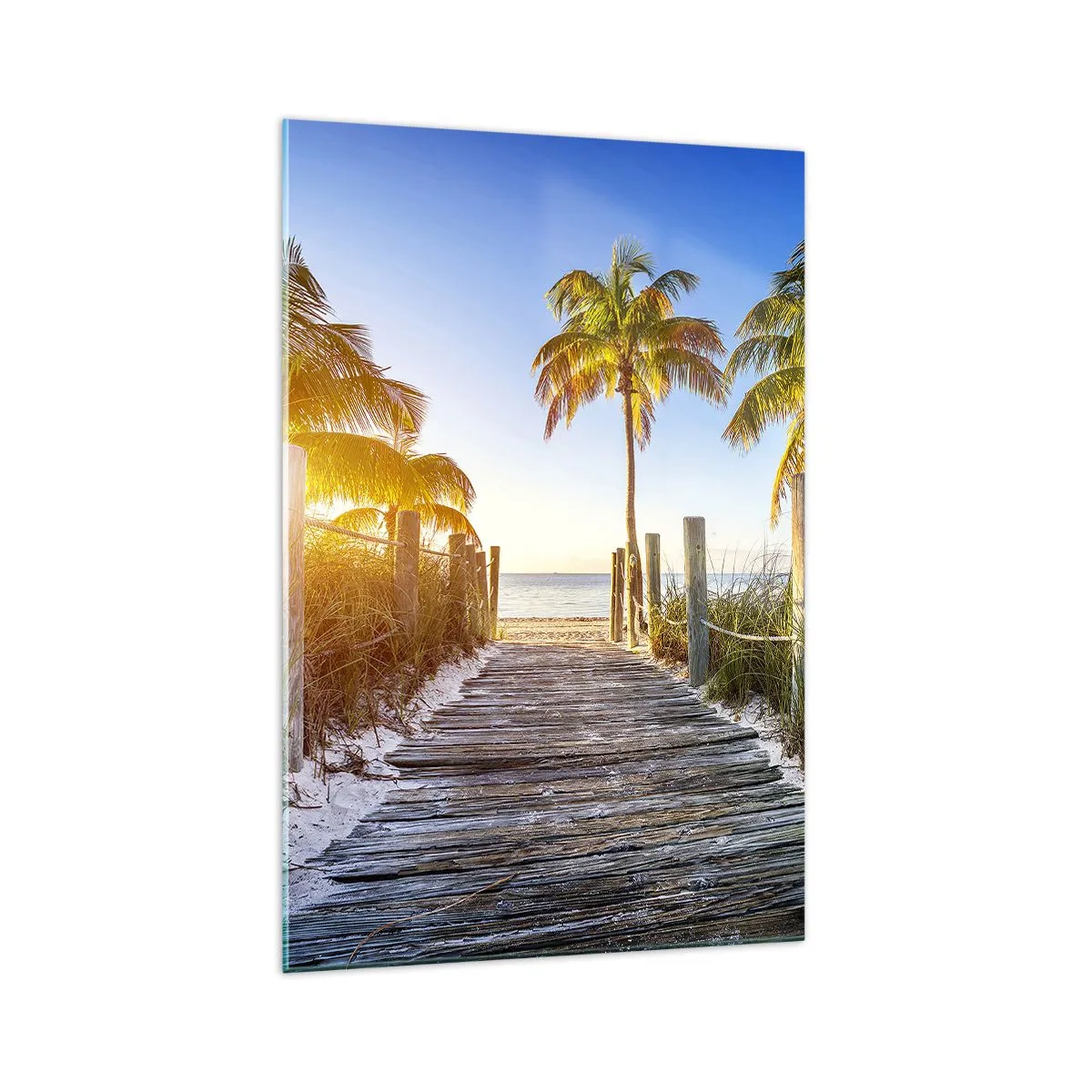 Quadro su vetro - Sentiero in legno sulla spiaggia con palme sullo sfondo - 70x100cm - Dritto in paradiso - Decorazione murale moderna per soggiorno e camera da letto ARTTOR
