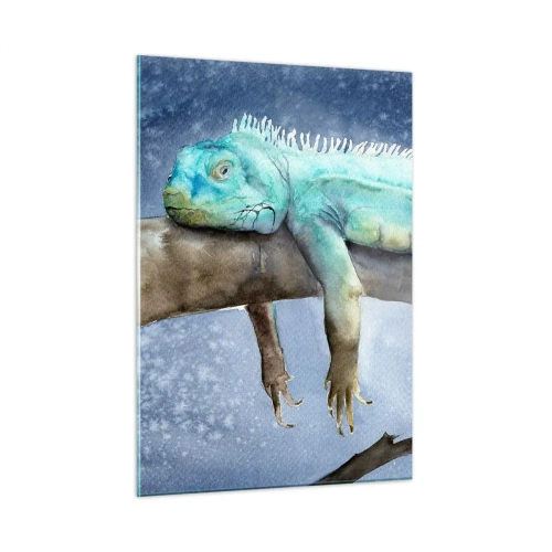Quadro su vetro - Iguana blu sdraiata su un ramo in stile acquerello - 50x70cm - Va tutto bene! - Decorazione murale moderna per soggiorno e camera da letto ARTTOR