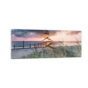 Quadro su vetro - Spiaggia al tramonto con erba in primo piano - 140x50cm - Non andrà via col vento - Decorazione murale moderna per soggiorno e camera da letto ARTTOR