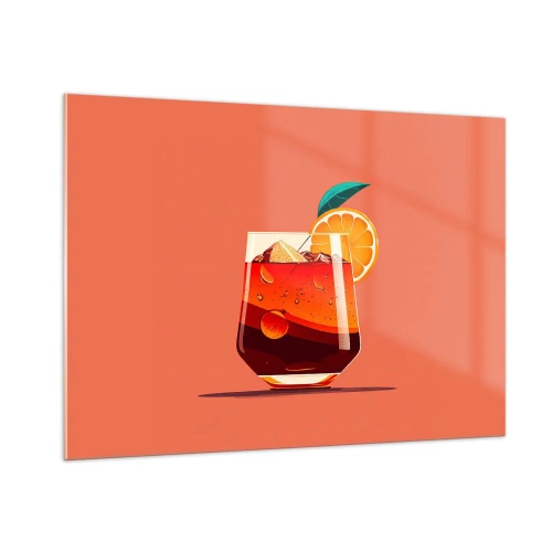 Quadro su vetro - Una bevanda colorata con arancia su uno sfondo caldo color pesca - 100x70cm - Rinfresco estivo - Decorazione murale moderna per soggiorno e camera da letto ARTTOR