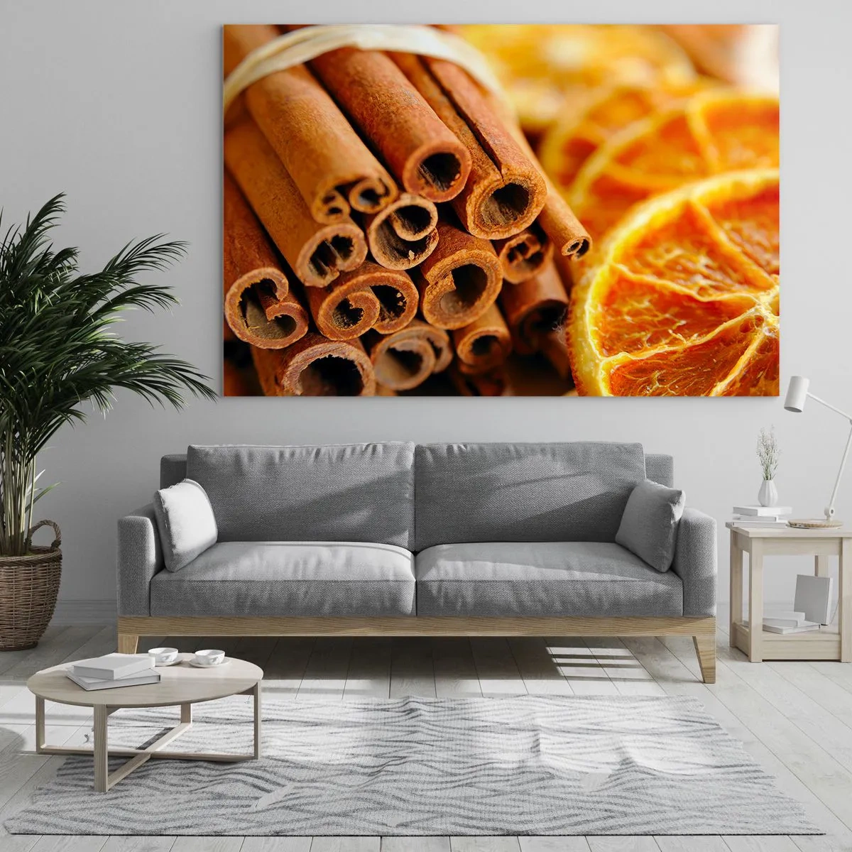 Quadro su vetro - Primo piano di bastoncini di cannella e fette di arancia essiccate - 120x80cm - Senti il loro profumo? - Decorazione murale moderna per soggiorno e camera da letto ARTTOR
