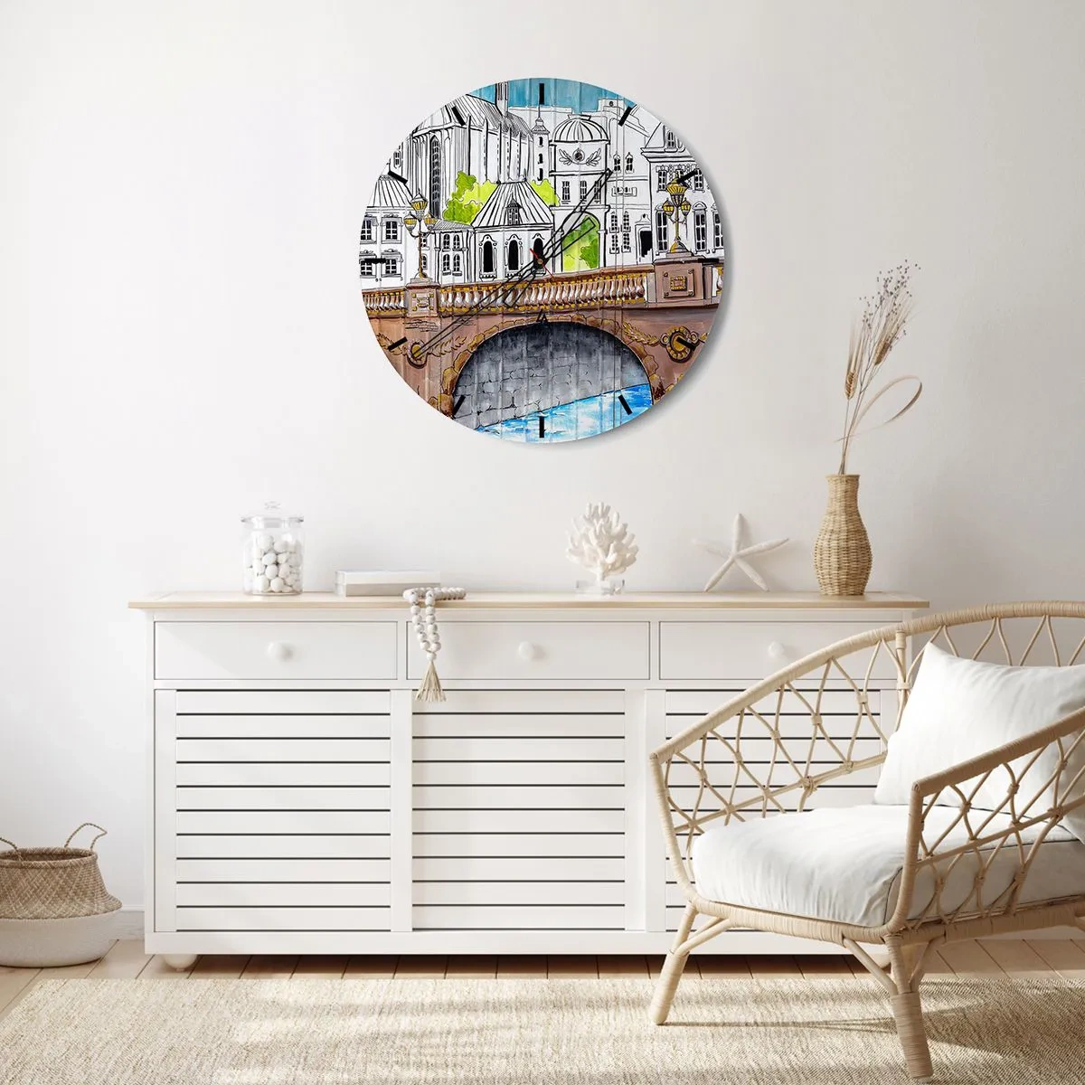Orologio da parete - Orologio in Vetro - Illustrazione di architettura urbana con un ponte - 30x30cm - Una città come dipinta - Decorazione murale moderna per soggiorno, cucina e camera da letto ARTTOR