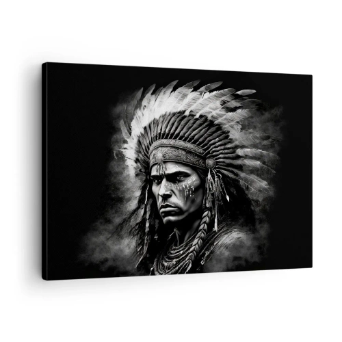 Quadro su tela - Stampe su Tela - Ritratto di un capo con un copricapo piumato su sfondo nero - 70x50cm - Capo e guerriero - Decorazione murale moderna per soggiorno e camera da letto ARTTOR