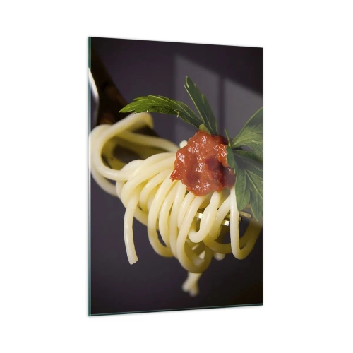 Quadro su vetro - Spaghetti alla forchetta con salsa di pomodoro - 50x70cm - Un boccone delizioso - Decorazione murale moderna per soggiorno e camera da letto ARTTOR