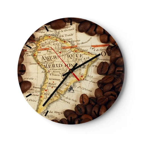 Orologio da parete - Orologio in Vetro - Mappa del Sud America con chicchi di caffè - 30x30cm - Da dove viene il miglior caffè? - Decorazione murale moderna per soggiorno, cucina e camera da letto ARTTOR