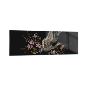 Quadro su vetro - Un uccello in volo con fiori su sfondo nero - 160x50cm - Uccello esotico ricamato - Decorazione murale moderna per soggiorno e camera da letto ARTTOR