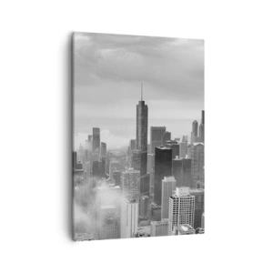 Quadro su tela - Stampe su Tela - Panorama della città con grattacieli tra le nuvole in bianco e nero - 50x70cm - Paesaggio americano - Decorazione murale moderna per soggiorno e camera da letto ARTTOR