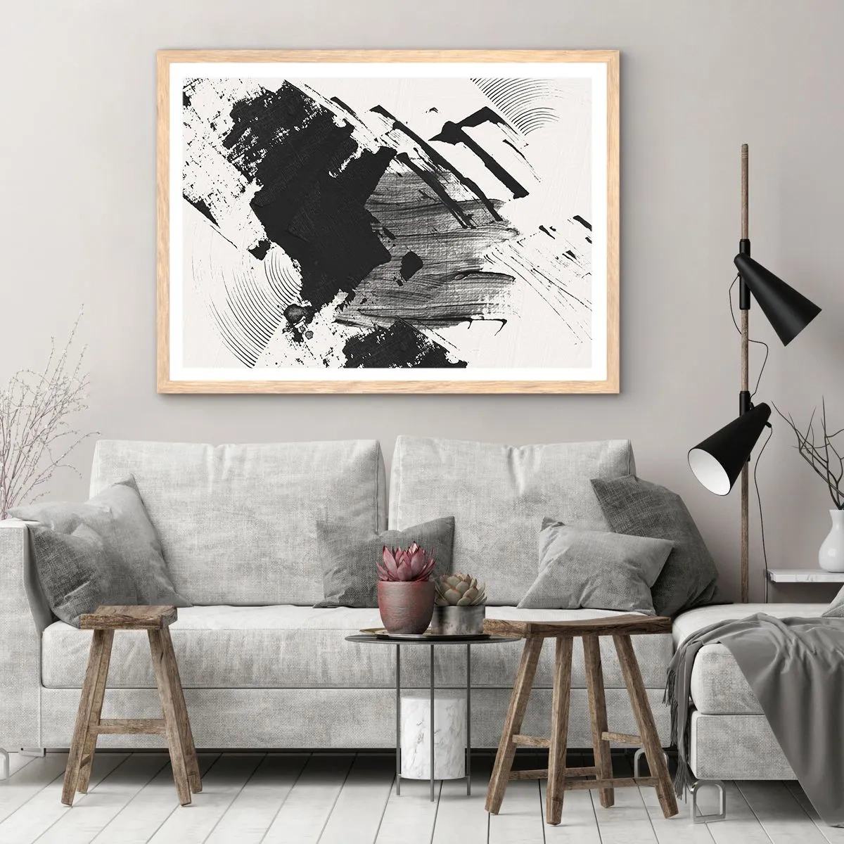 Poster in cornice rovere chiaro - Astrazione: espressione di nero - 100x70 cm